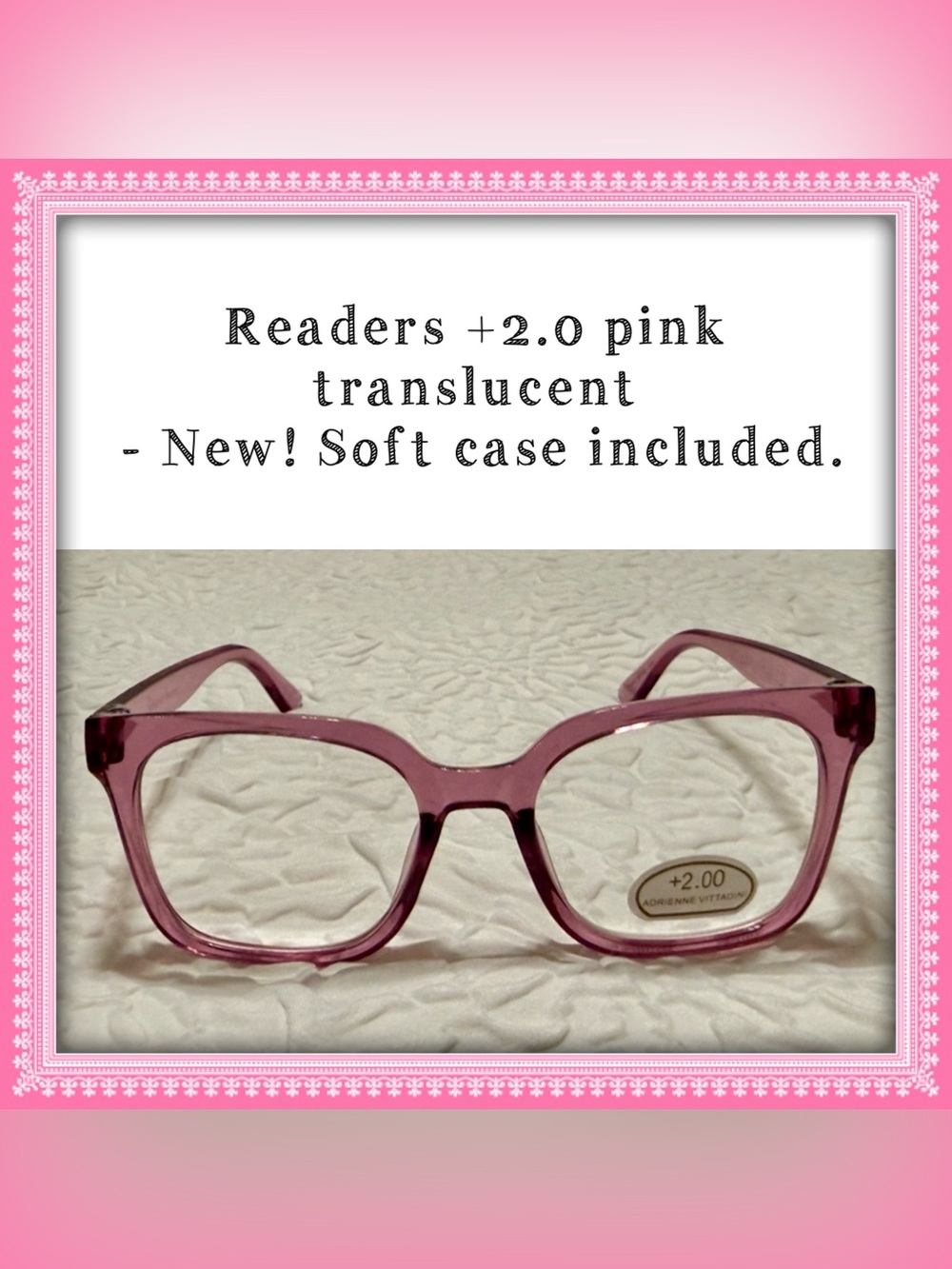 Reading eye glasses +2.0 pink translucent. NEW! Soft Case included. Perfect.